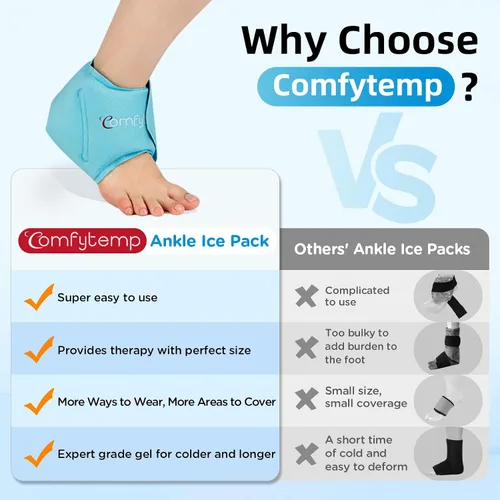 Vista 3 de Comfytemp Bolsa de hielo de tobillo para fascitis plantar, hinchazón, alivio del dolor de pies, paquetes de hielo de gel para lesiones Azul