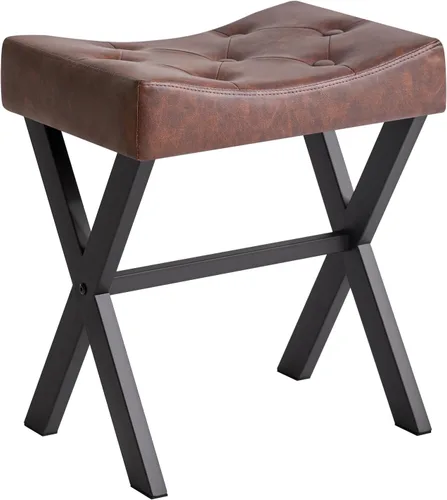 Vista 13 de IBUYKE Taburete de tocador de PU en forma de U, silla cuadrada de maquillaje con patas en X, taburete reposapiés otomano, multiusos como mesa Negro