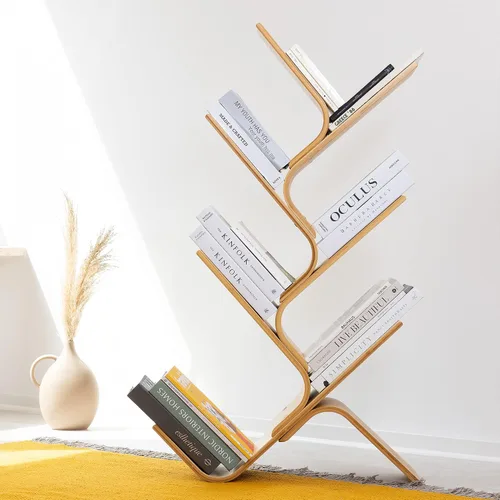 Vista 2 de Navaris Estantería de árbol curvada hecha de bambú doblado, moderna estantería de pie con 6 estantes, estante de 6 niveles para libros, CD, DVD