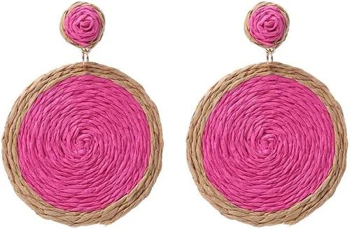 Vista 7 de Juego de 3 pares de aretes colgantes de rafia, estilo bohemio, colorido de flores, redondos, cuadrados, de ratán, para verano, playa, hechos a mano