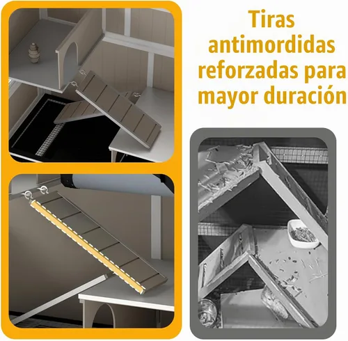 Vista 6 de Jaula grande de madera para conejillos de indias de 3 niveles con soporte Para 2-4 conejillos de indias, rampa antimasticación, bandeja extraíble