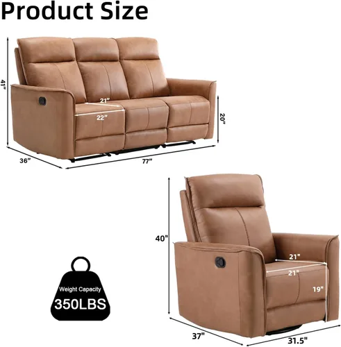 Vista 2 de CANMOV Juego de muebles de sofá reclinable manual para sala de estar, incluye sillas de enfermería Leathaire, reclinables giratorias, sillón