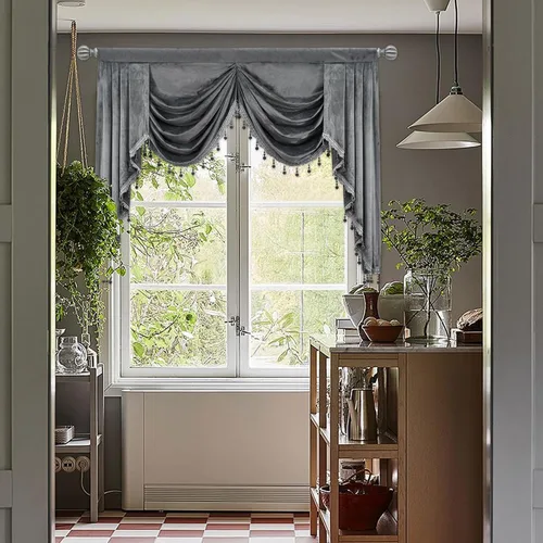 Vista 9 de Cenefa de terciopelo negro para sala de estar, cenefas de cascada de lujo para ventanas, cenefa de cuentas con borlas para cocina, cenefa