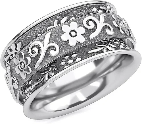 Vista 11 de 925 Sterling Silver Spinner Anxiety Fidget Ring for Women 3 rayas y flores