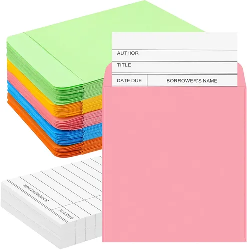 Vista 8 de 200 sobres de bolsillo para biblioteca y tarjetas para libros, incluyen 100 sobres de bolsillo autoadhesivos y 100 suministros de biblioteca
