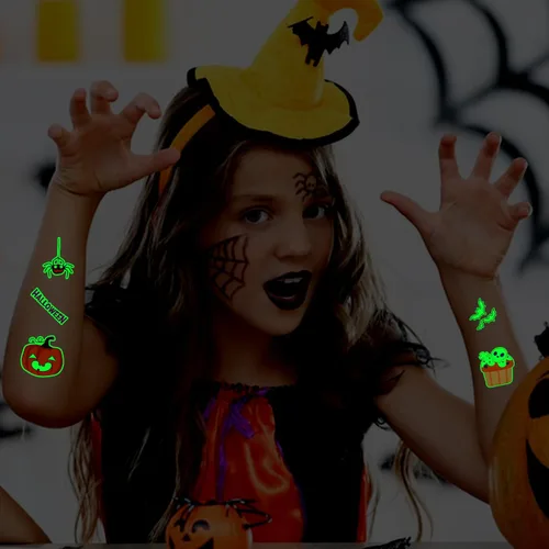 Vista 5 de Partywind Decoraciones de fiesta de Halloween brillantes para niños, 125 estilos, tatuajes luminosos de Halloween con calabaza/zombi/fantasma