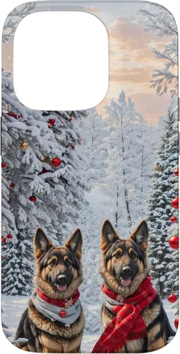 Vista 17 de iPhone 16 Lindo perro pastor alemán en paisaje nevado feliz Navidad caso
