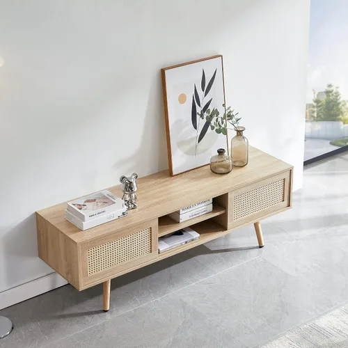 Vista 2 de Soporte de TV moderno de mediados de siglo para sala de estar con almacenamiento, consola rectangular de 55.12 pulgadas para televisores de hasta 60