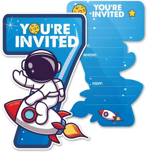 Vista 8 de Outer Space - Invitaciones de fiesta de primer cumpleaños con sobres, juego de 20 tarjetas de invitaciones de astronauta con una forma de astronauta