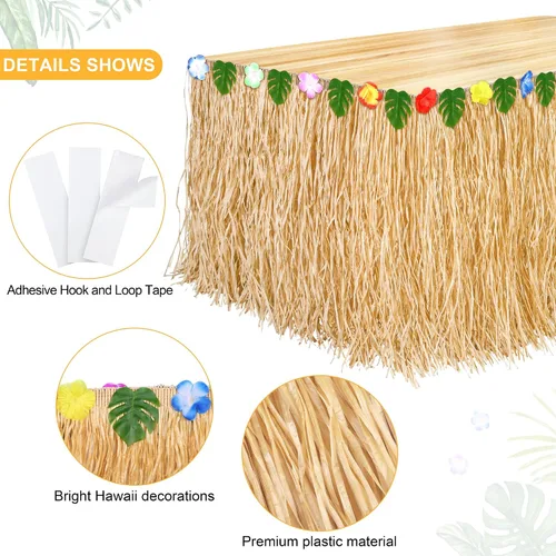 Vista 3 de Aodaer Paquete de 4 faldas hawaianas de mesa de hierba de 108 x 30 pulgadas, falda de mesa Luau con paja, decoración de fiesta temática hawaiana