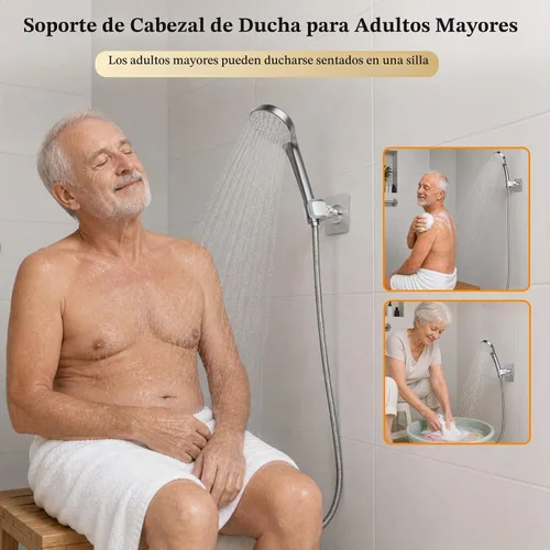 Vista 8 de Soporte de cabezal de ducha ajustable adhesivo y taladro 2 en 1 con giro de Blanco