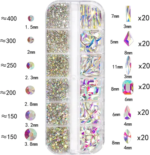 Vista 3 de Kit de diamantes de imitación para uñas, 1500 piezas de diamantes de imitación redondos con parte trasera plana, gemas de uñas AB multiformas, 0.3