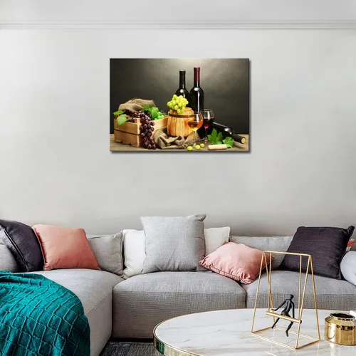 Vista 3 de Vino de uva en botella, tazas de arte de pared, pintura de la imagen, impresión en lienzo, imágenes de alimentos para decoración del hogar, regalo