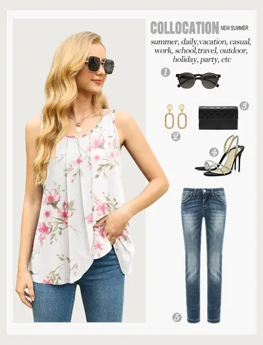 Vista 4 de IWOLLENCE Camiseta sin mangas de gasa para mujer, de verano, de doble capa, holgada, cuello redondo, estilo casual