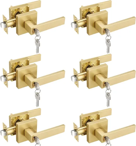 Vista 13 de EHOMEWARE - Juego de manijas de puerta delantera doble de latón, manija de puerta de latón cuadrado resistente en oro y cerradura de un solo