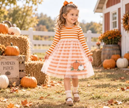 Vista 2 de HILEELANG Vestido de manga larga de algodón para niñas, vestido de otoño Franja calabaza