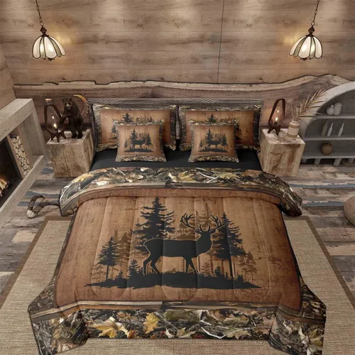 Vista 31 de Feelyou Juego de edredón de ciervo con sábanas – Tamaño Queen 7 piezas Juego de ropa de cama infantil de caza rústica – Cama de ciervo de cabaña