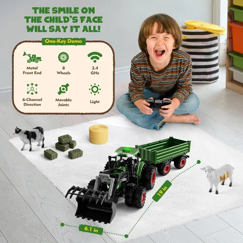 Vista 5 de Uarzt Tractor de juguete a control remoto con remolque Juego de vehículos de granja de metal con luces y diseño de 8 ruedas, camión tractor RC