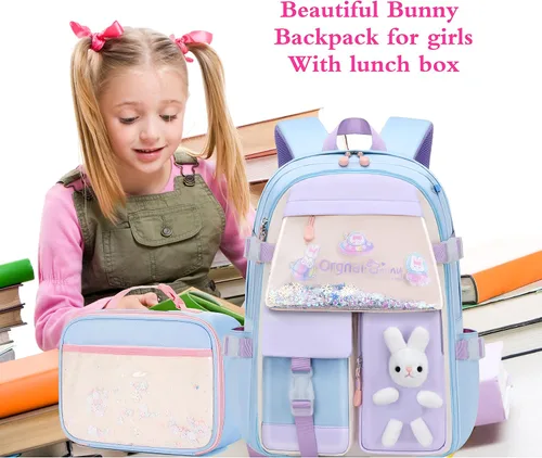 Vista 2 de Gazigo Mochila para niñas, escuela primaria, mochila de conejito para niñas, linda mochila para niños y jardín de infantes preescolar, Juego