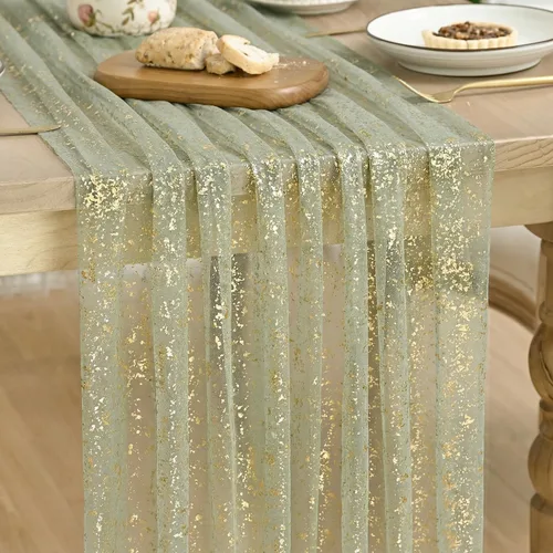 Vista 38 de Artoid Mode Camino de mesa de gasa color beige dorado de 120 pulgadas, 10 pies, lámina metálica con purpurina transparente para comedor, boda