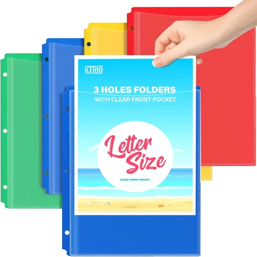 Vista 12 de Carpetas de plástico KTRIO con bolsillo frontal transparente, paquete de 4 carpetas con bolsillos y tachuelas, carpetas resistentes de 2 bolsillos