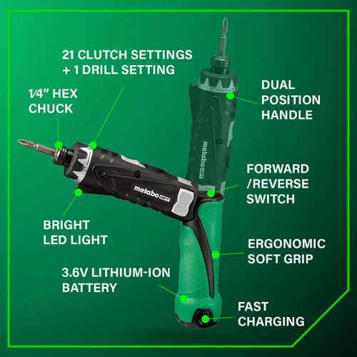 Vista 4 de Metabo HPT - Juego de destornillador inalámbrico de iones de litio de 3,6 V, destornillador de potencia compacto y liviano con 2 baterías de 1,5 Ah