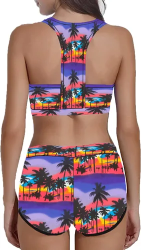 Vista 4 de Traje de baño deportivo de 2 piezas para mujer, cuello redondo, pantalones cortos, bikini
