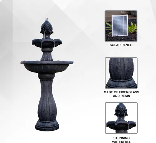 Vista 3 de XBrand Fuente de agua para exteriores de 2 niveles con energía solar de 44 pulgadas, fuente de resina de fibra de vidrio con bomba de apagado Negro