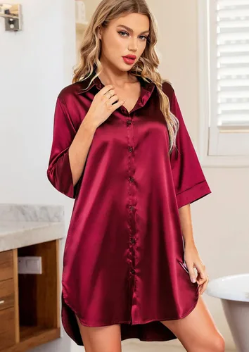 Vista 2 de Samring Camisón de seda para mujer, manga 34, con botones, camisola de satén para dormir