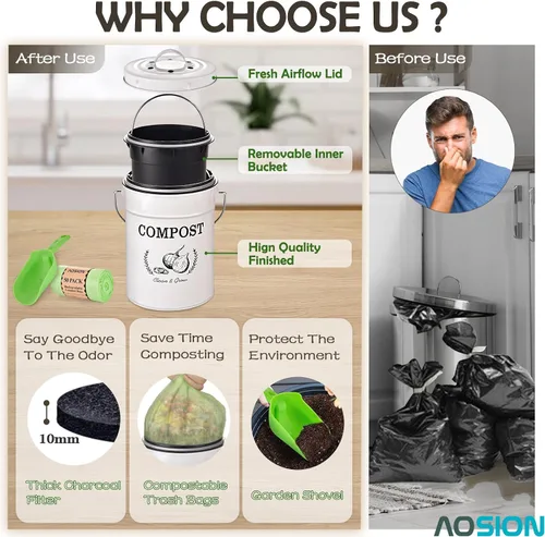 Vista 4 de AOSION Contenedor de compostaje para encimera de cocina, contenedor de compostaje interior resistente al olor con tapa y bolsas de compost