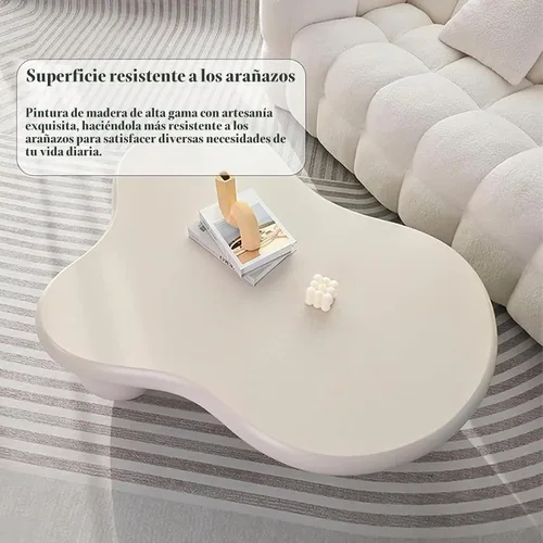 Vista 4 de Mesa de café en forma de nube blanca crema Mesa de café irregular Mesa de centro irregular de madera moderna y bonita con 3 patas esféricas