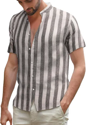 Vista 2 de COOFANDY Camisa casual de lino con cuello de banda y botones para hombre