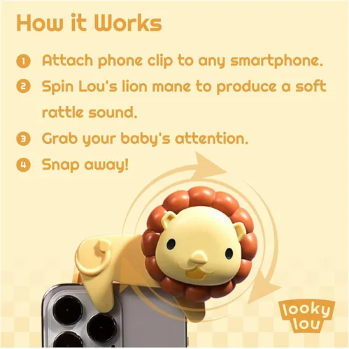 Vista 3 de Looky Lou - Clip para teléfono con sonajero de león para fotos de bebé, fotografía de recién nacidos, hitos mensuales, accesorios para sesiones