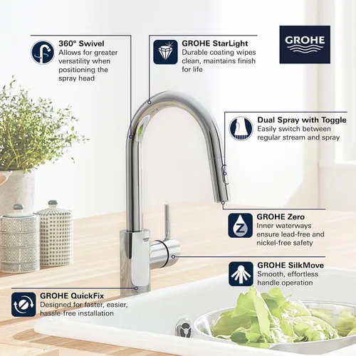 Vista 3 de GROHE 31479DC1 Grifo de cocina con barra desplegable Concetto con pulverizador. 1.75 GPM, Supersteel (acero inoxidable)