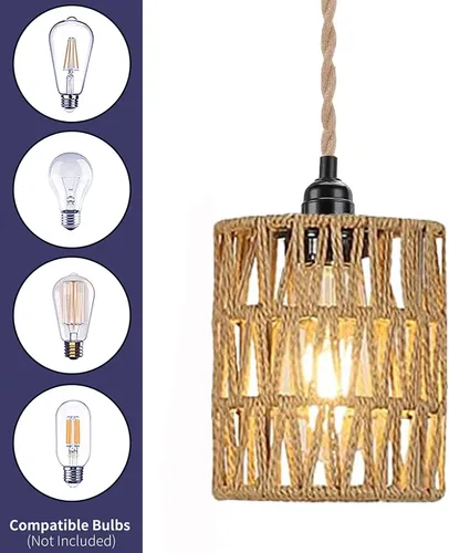 Vista 3 de Lámpara Colgante Bohemia con Enchufe, Luz Colgante with Cable con Enchufe, Lámpara de Techo con Pantalla Cilíndrica de Ratán e Interruptor