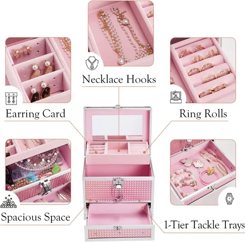 Vista 4 de Hododou Joyero organizador para niñas con cajón y espejo estuche de almacenamiento con cerradura estilo rosa brillante para niños o niñas pequeñas