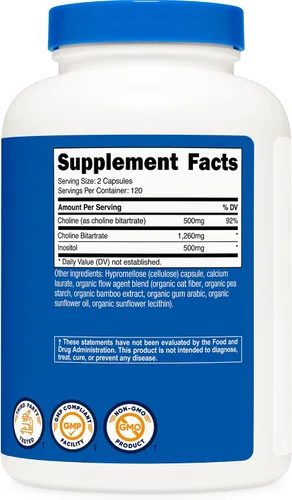 Vista 5 de Nutricost Suplemento de colina e inositol (1,000 mg) 240 cápsulas - 500 mg de colina, 500 mg de inositol, sin OMG, sin gluten, 120 porciones