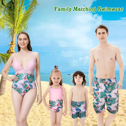 Vista 5 de Yanmucy Trajes de baño familiares a juego para parejas con estampado floral, traje de baño de una pieza para padres e hijos