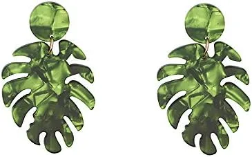 Vista 5 de Aretes de resina de acrílico con diseño de hoja de palma, plantas tropicales, hojas de Monstera, aretes colgantes para mujeres y niñas, Metal