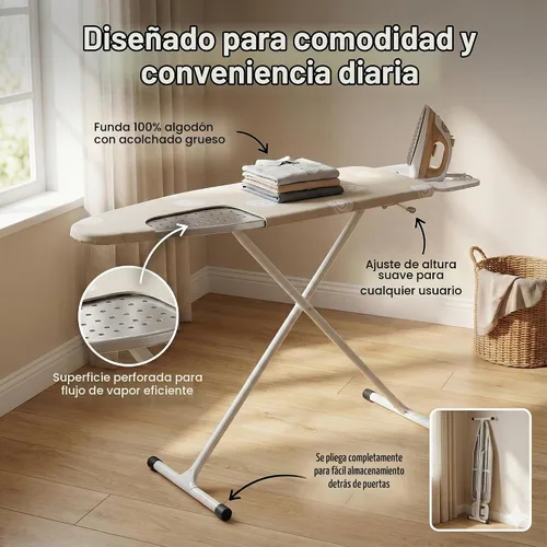 Vista 3 de Tabla de planchar beige con patas en T con funda de algodón, tabla de planchar plegable de 53 x 14 pulgadas, altura ajustable, uso doméstico