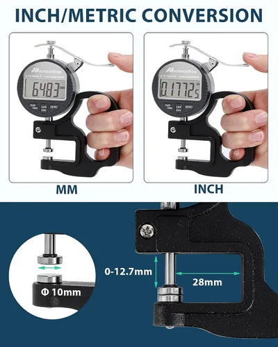 Vista 5 de Medidor de espesor digital Mxmoonfree 0.000-0.500 in/0.5inch 0.000 in de alta resolución Micrometer flat contact plates, 28mm throat depth