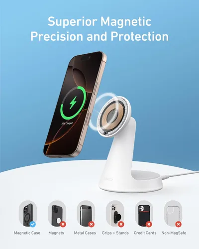 Vista 12 de Anker Soporte de carga 2 en 1 compatible con MagSafe, cargador inalámbrico iPhone 16, certificado Qi2 de 15 W, ultra rápido, ajustable y súper
