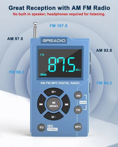 Vista 2 de Greadio Radio AM FM portátil con reproductor de MP3, la mejor radio de bolsillo de recepción, pantalla LCD grande y fácil de usar, estéreo de 6