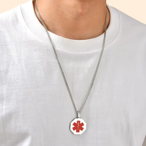 Vista 50 de VNOX Collar con colgante personalizado de acero inoxidable con grabado personalizado para identificación de alerta médica de emergencia para hombres