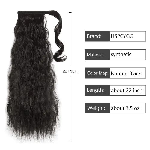 Vista 3 de Extensiones de cola de caballo negras, colas de caballo rizadas con clip, 22 pulgadas, 3.5 onzas, extensión de cabello sintético envolvente del pelo