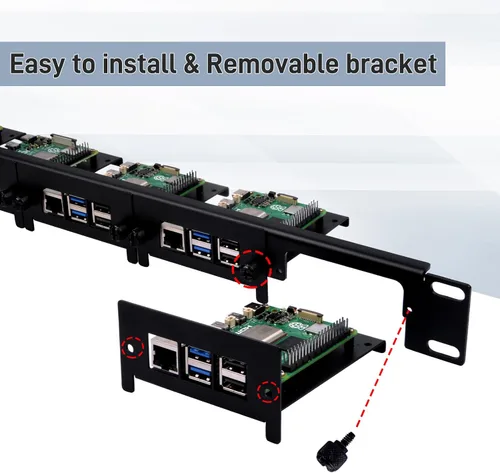 Vista 6 de GeeekPi 19 pulgadas 1U Rack Mount para Raspberry Pi 5/4B/3B+/3B, con soportes frontales extraíbles, compatible con gabinetes de servidor de 19