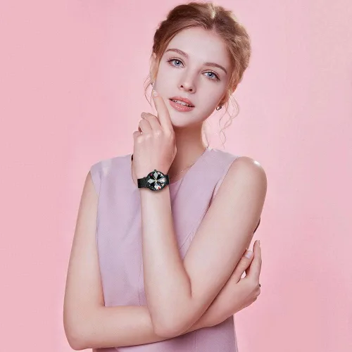 Vista 6 de SK Shengke - Reloj ultra delgado de creativo diseño minimalista floral o de cielo estrellado con extensibles de piel genuina o acero