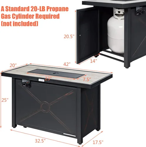 Vista 2 de COSTWAY Mesa para fogata de propano de 42 pulgadas, mesa rectangular de gas para exteriores de 60,000 BTU con mesa de cerámica, roca de lava