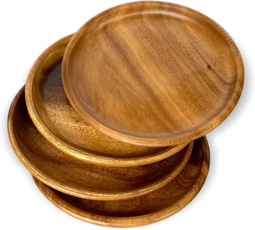 Vista 10 de Juego de 4 platos de madera de acacia, redondos de 6 pulgadas, postre de madera maciza de 1 pulgada de grosor, platos laterales y aperitivos