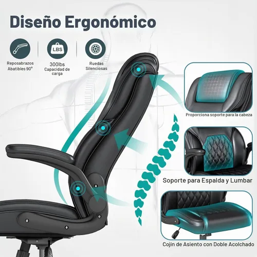 Vista 6 de Silla de Oficina Ejecutiva AnyGod, Sillas de Escritorio Ergonómicas y Cómodas para Computadora con Reposabrazos Abatibles, Soporte Lumbar, Respaldo